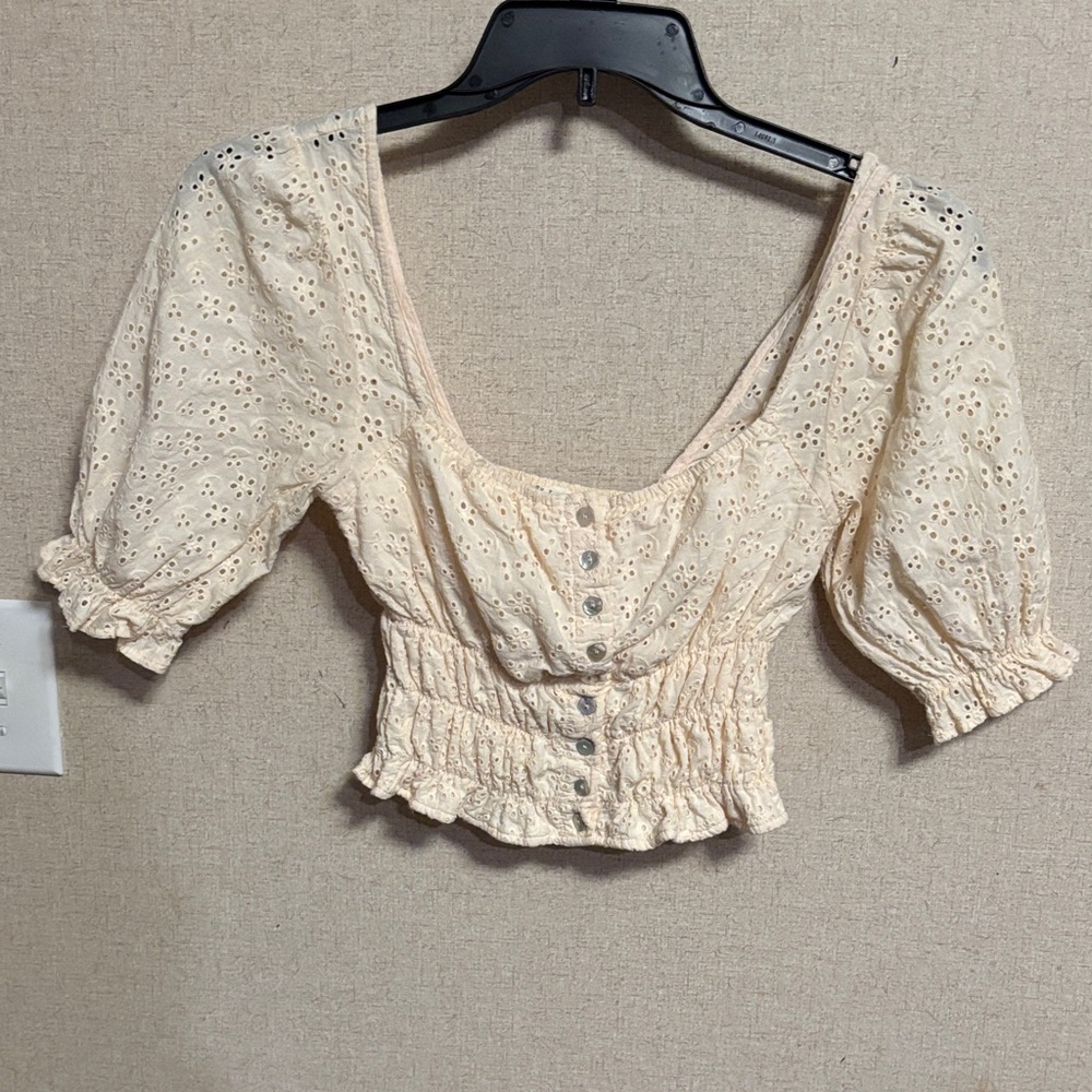 By Together Cream Eyelet Puff Sleeve Crop Top